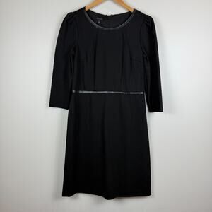 Talbots Ponte Shift Dress 6 Black Knit 3/4 Sleeve Faux Leather Trim‎ Capsule LBD